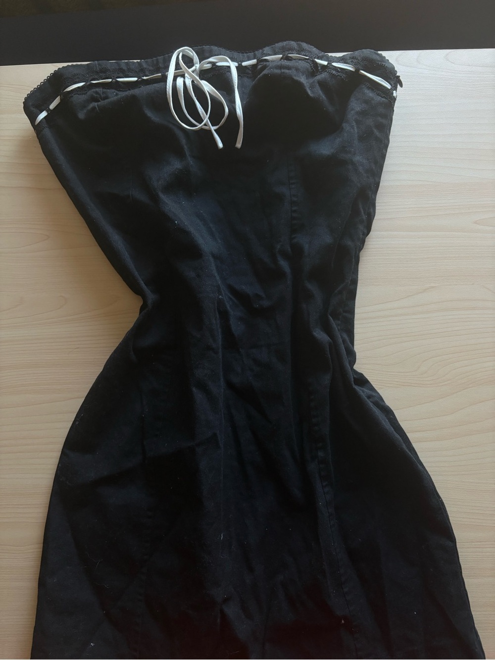Strapless Black Dress with Contrast Trim and Bow Detail